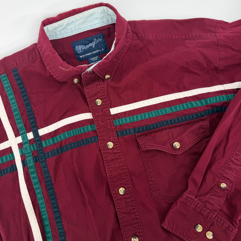 Wrangler Western Shirt Mens Large Burgundy Maroon‎ Striped MH3872M Long Sleeve